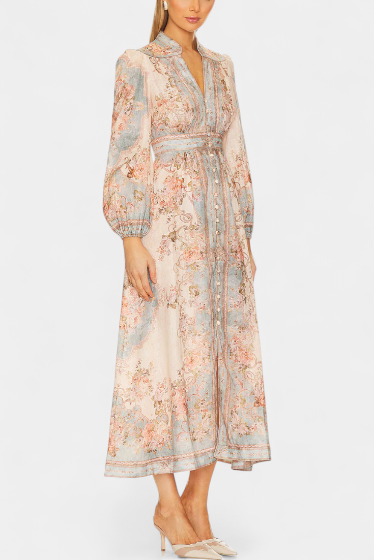 Dorotila Maxi Flared Dress with Floral Print, Buttons, and Balloon Sleeves