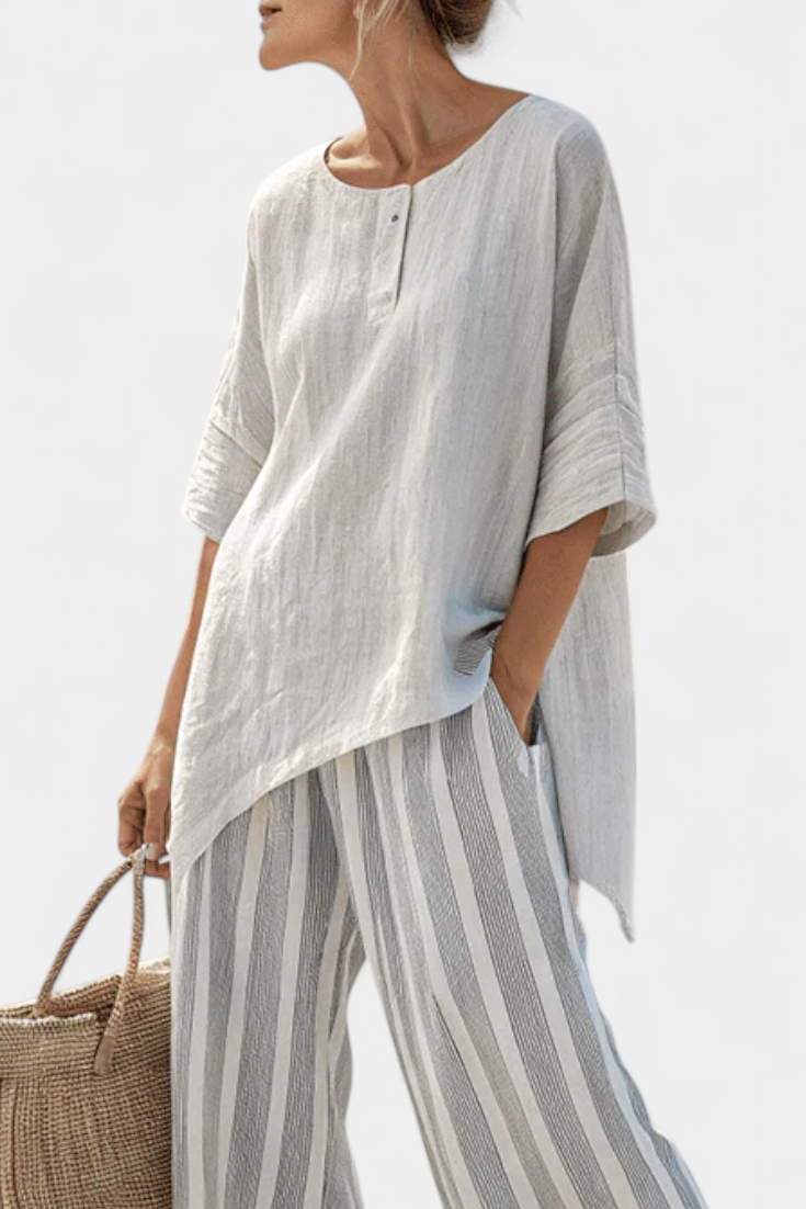 Daisy Complete Set of Asymmetrical Blouse and Striped Pants for a Modern and Elegant Style