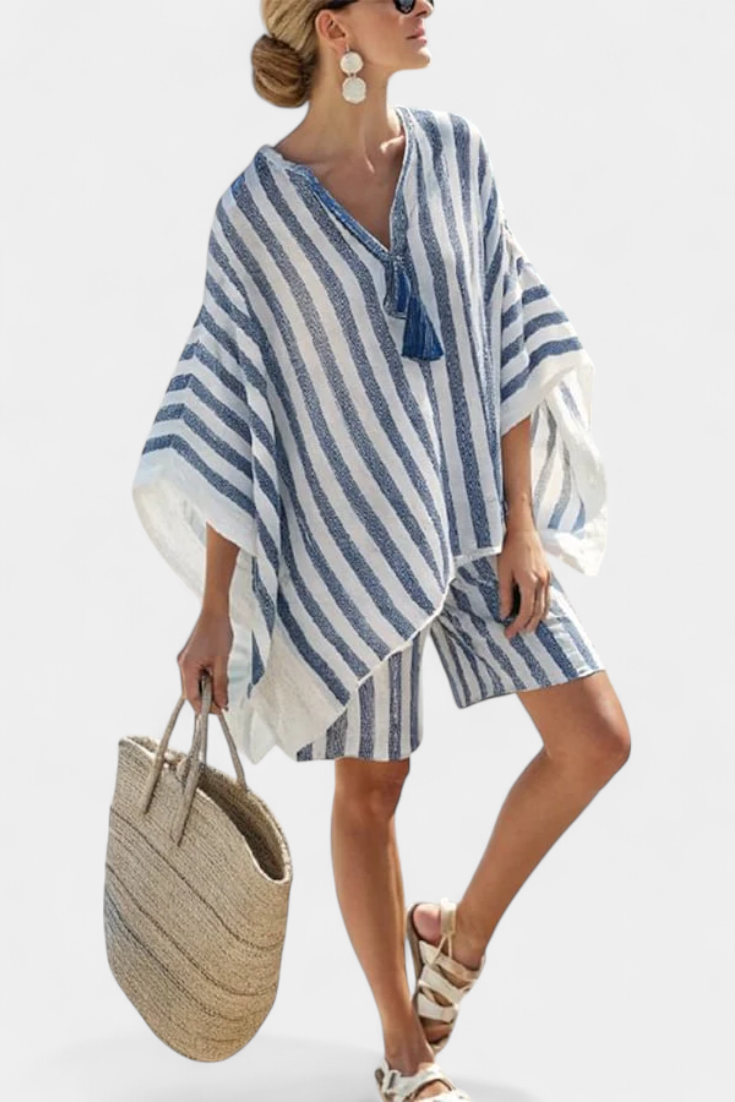 Nancy Striped Set with Oversized Blouse and Elegant Shorts