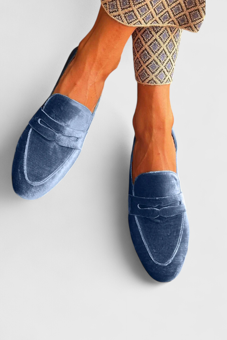 Llnica Blue Velvet Loafers with Patchwork Detail and Round Toe
