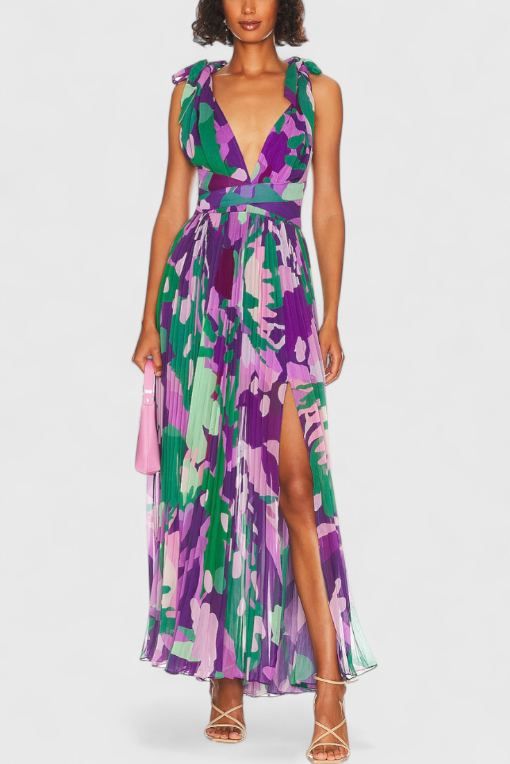 Cecil Long Pleated Dress with Watercolor Print and Open Back