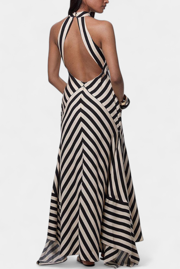 Crispina Maxi Halter Dress with Chevron Stripes and Open Back
