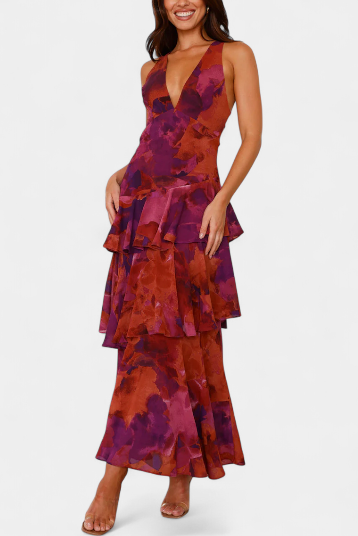 Sunday Dress in Georgette with V-Neck and Flowing Layers