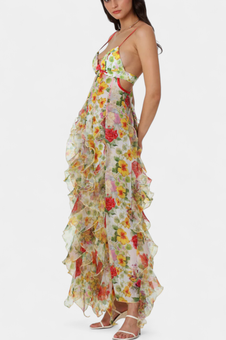 Bonnie Maxi Dress with Floral Ruffles and Side Cutouts