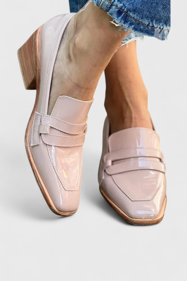 Sasha Pink Patent Leather Loafers with Square Toe and High Heel
