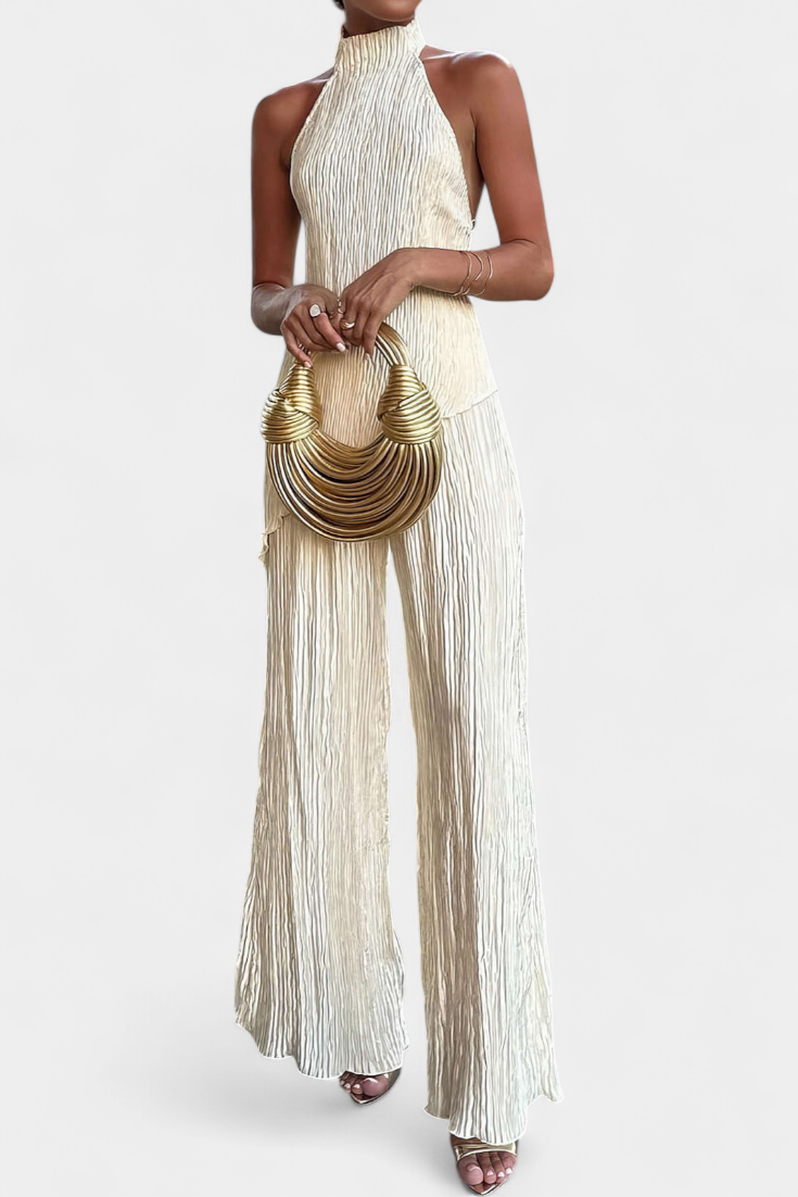 Pilarica Pleated Set with Asymmetrical Halter Top and Flowing Pants