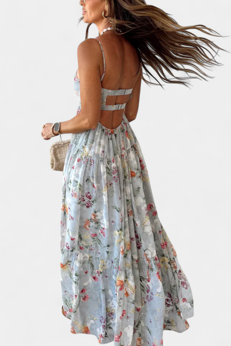 Neha Floral Dress with Open Back and Thin Straps