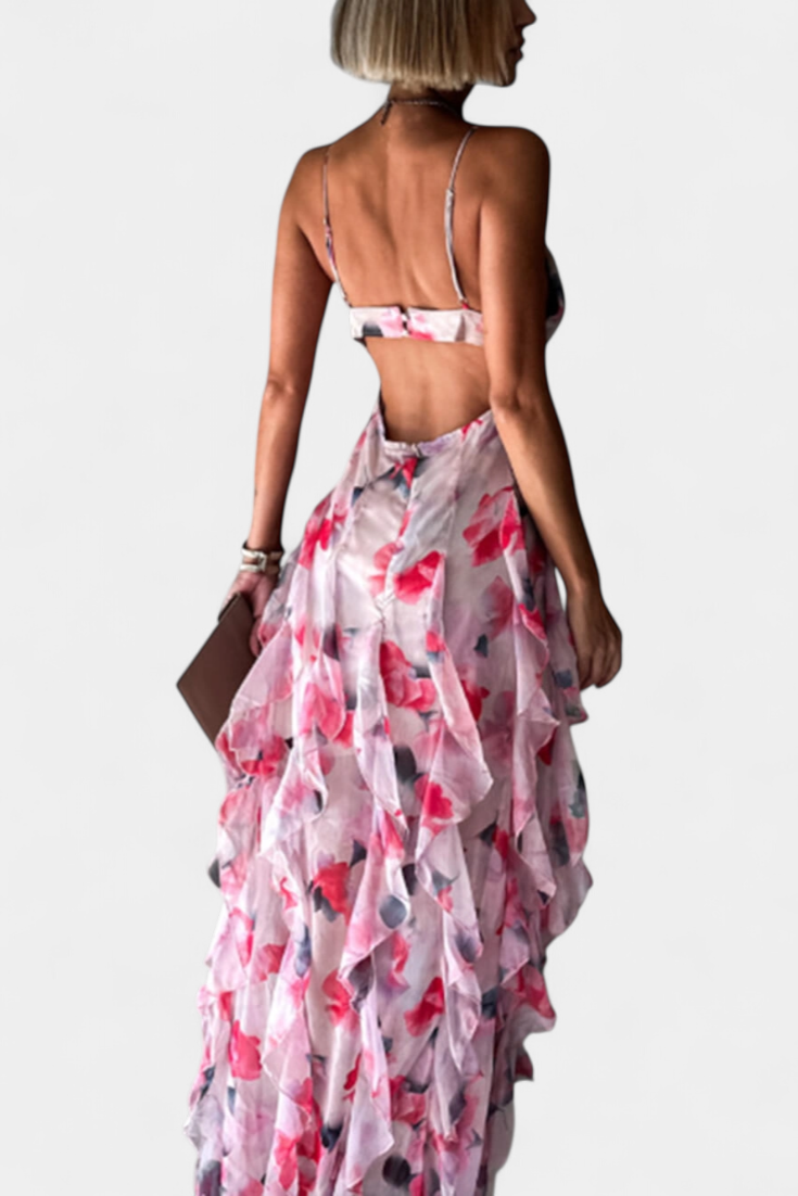 Bonnie Maxi Dress with Floral Ruffles and Side Cutouts