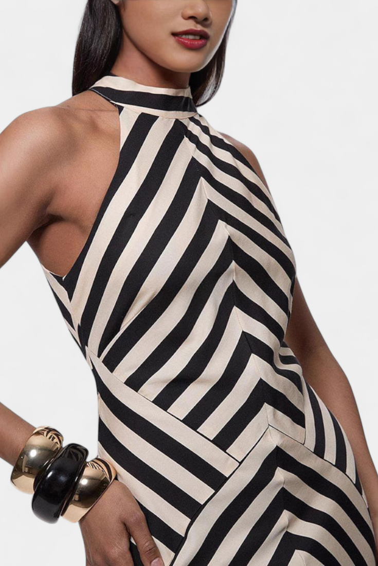 Crispina Maxi Halter Dress with Chevron Stripes and Open Back