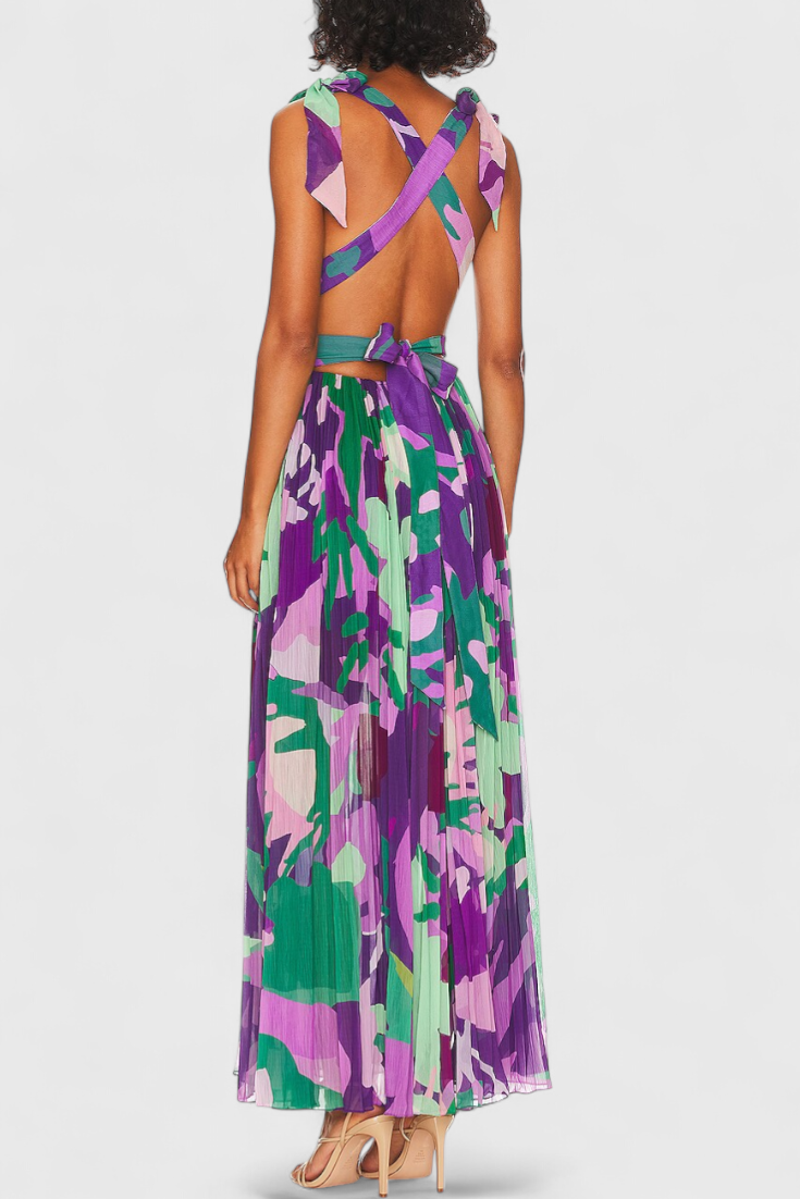 Cecil Long Pleated Dress with Watercolor Print and Open Back