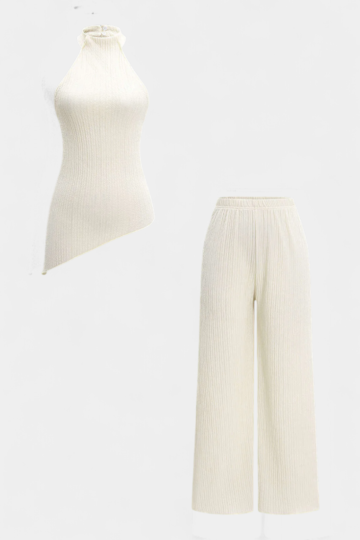 Pilarica Pleated Set with Asymmetrical Halter Top and Flowing Pants
