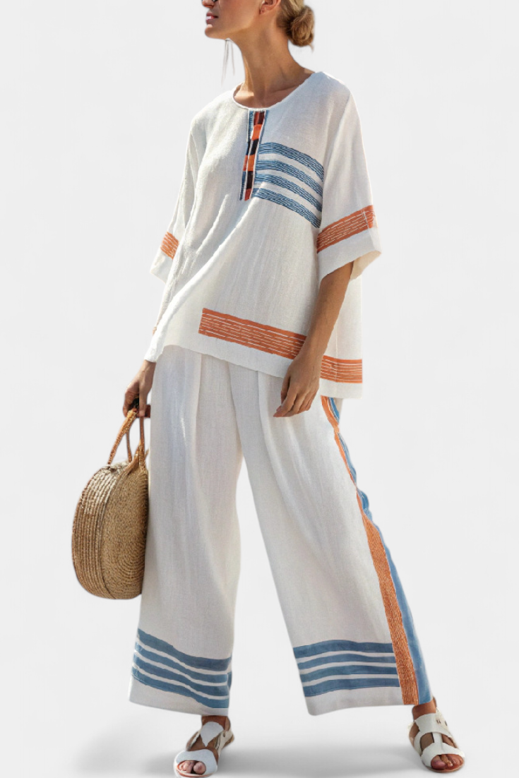 Daisy Ethnic Set in White with Blue and Orange Striped Details – Unique and Vibrant Style