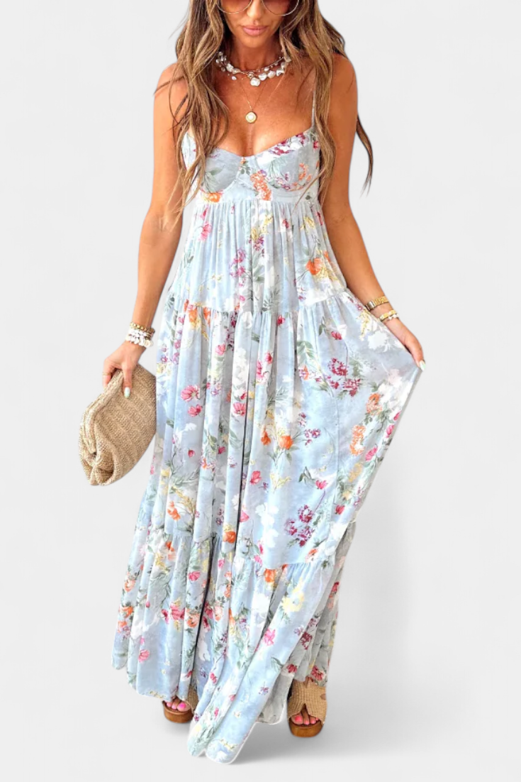 Neha Floral Dress with Open Back and Thin Straps