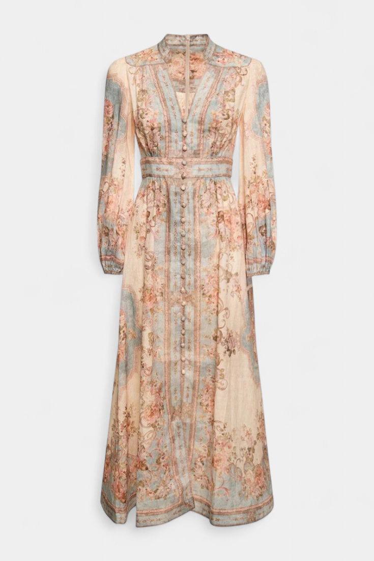 Dorotila Maxi Flared Dress with Floral Print, Buttons, and Balloon Sleeves