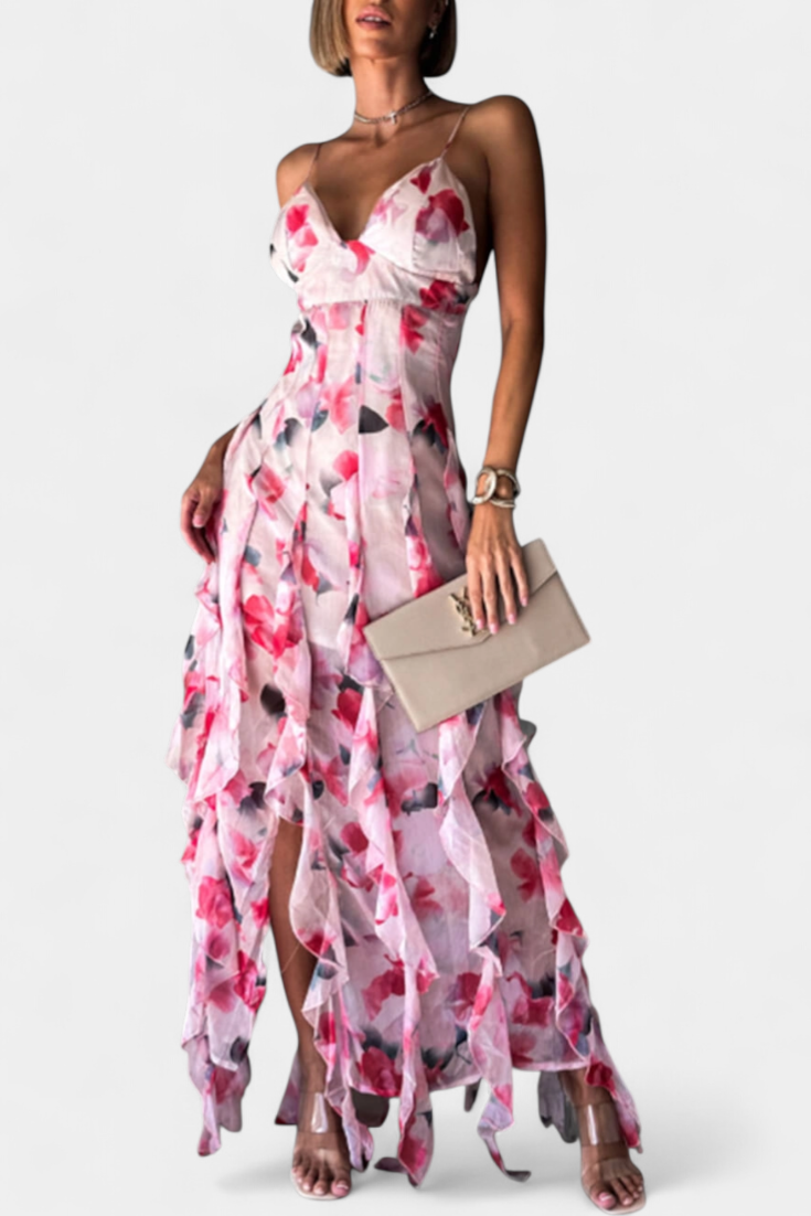 Bonnie Maxi Dress with Floral Ruffles and Side Cutouts