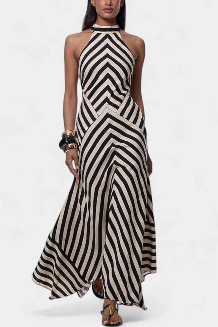 Crispina Maxi Halter Dress with Chevron Stripes and Open Back