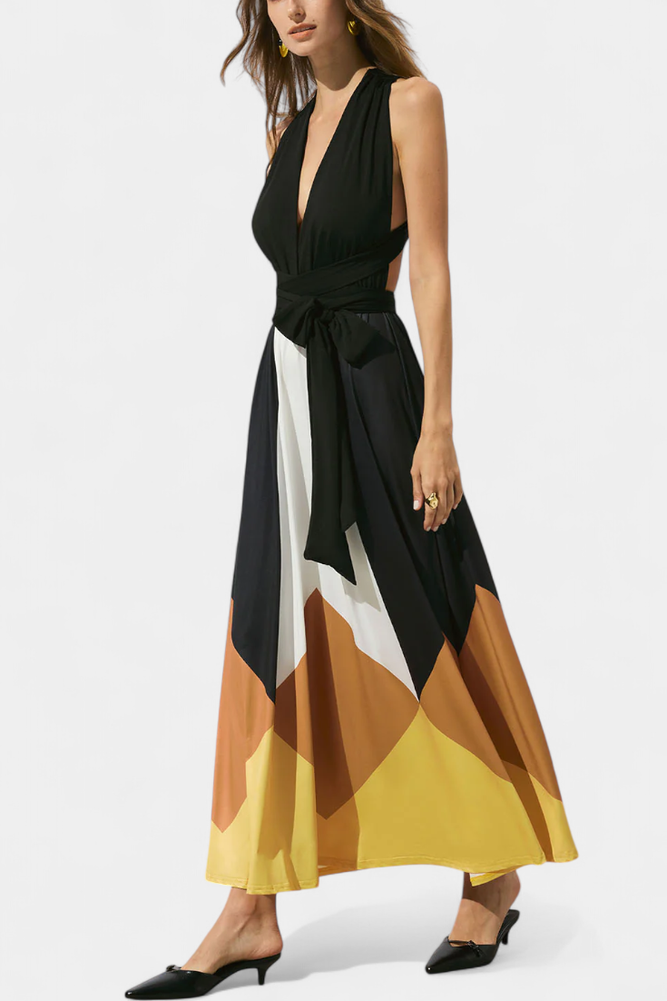Nava Long Polymorphic Dress with Open Back and Versatile Silhouette