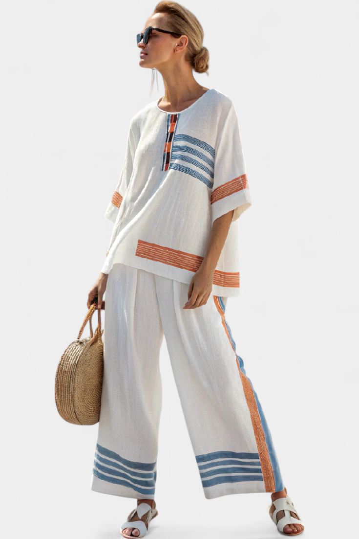 Daisy Ethnic Set in White with Blue and Orange Striped Details – Unique and Vibrant Style