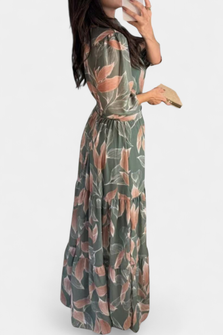 Aísha Long Floral Dress with Flowing Cut and Leaf Motif