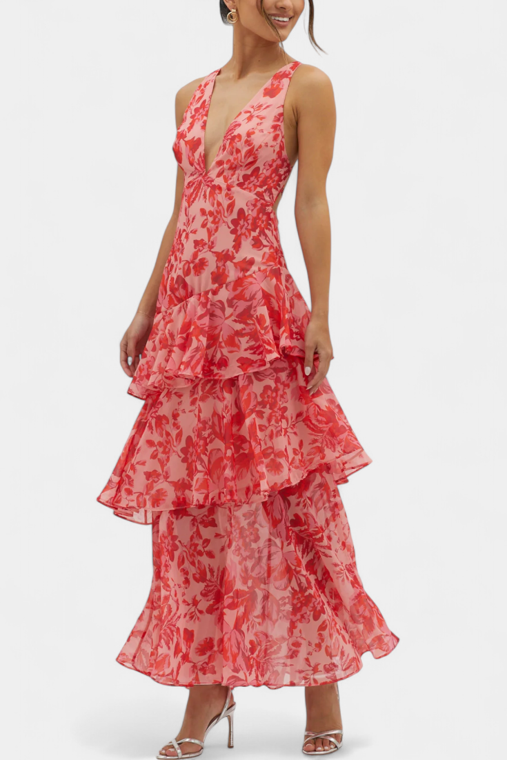 Sunday Dress in Georgette with V-Neck and Flowing Layers