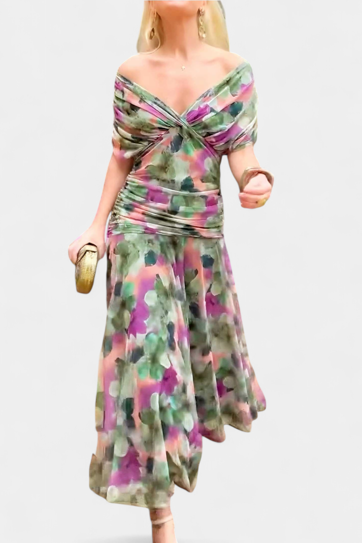 Alondra Long Dress with Fantasy Floral Print and V-Neck