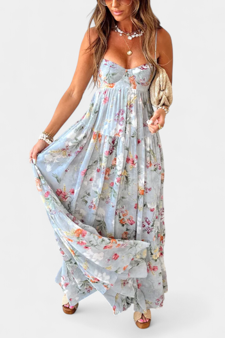 Neha Floral Dress with Open Back and Thin Straps