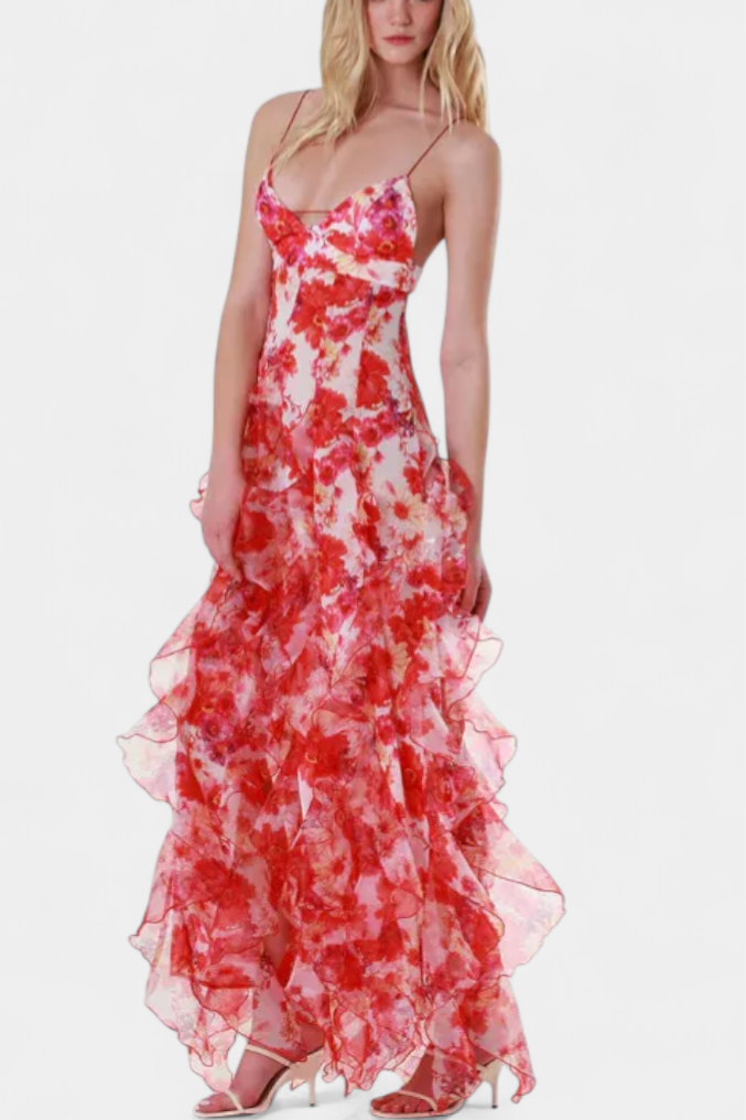Bonnie Maxi Dress with Floral Ruffles and Side Cutouts