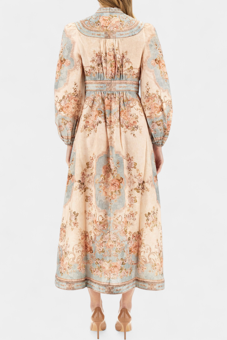 Dorotila Maxi Flared Dress with Floral Print, Buttons, and Balloon Sleeves