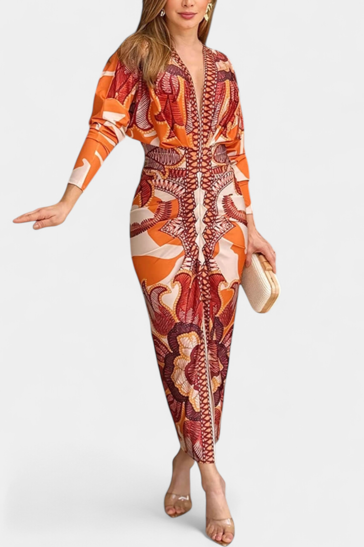 Diva Long Dress with Floral Print, V-Neck and Side Slit
