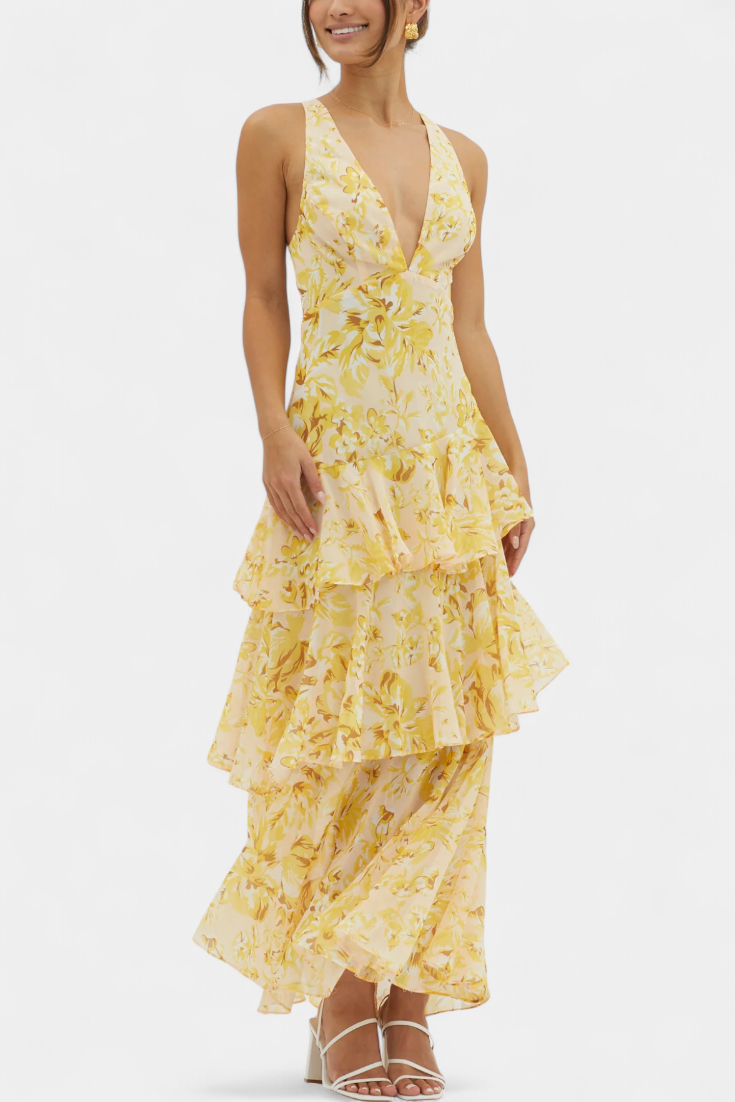 Sunday Dress in Georgette with V-Neck and Flowing Layers