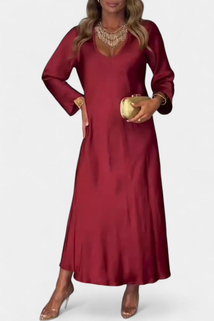 Riva Flowing Dress with V-Neck and Long Sleeves