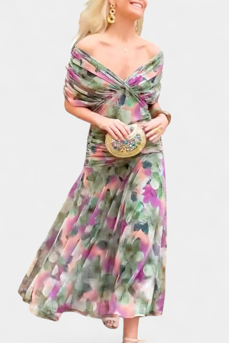 Alondra Long Dress with Fantasy Floral Print and V-Neck