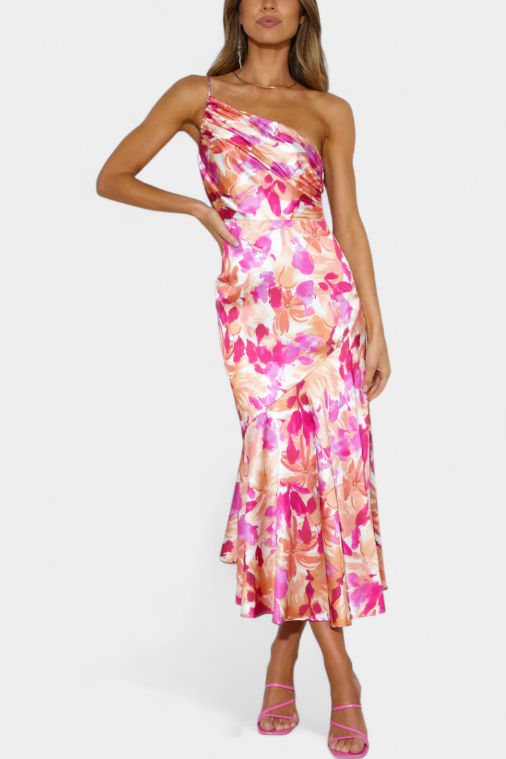 Reya Asymmetrical One-Shoulder Floral Print Dress