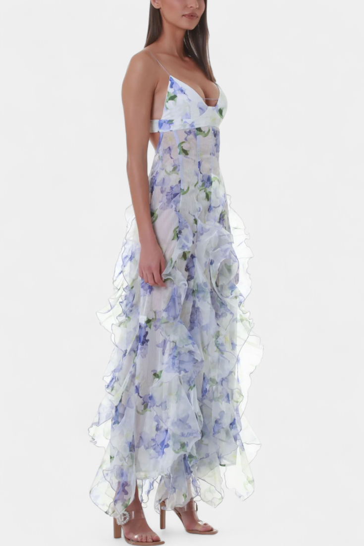 Bonnie Maxi Dress with Floral Ruffles and Side Cutouts