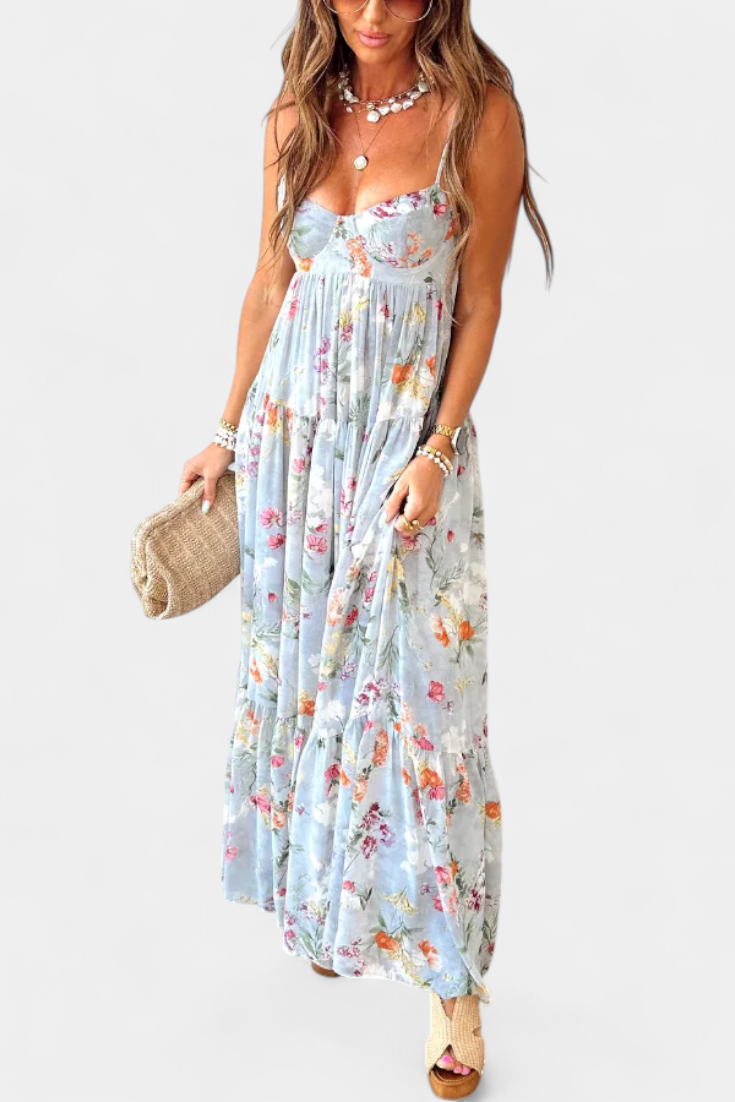Neha Floral Dress with Open Back and Thin Straps