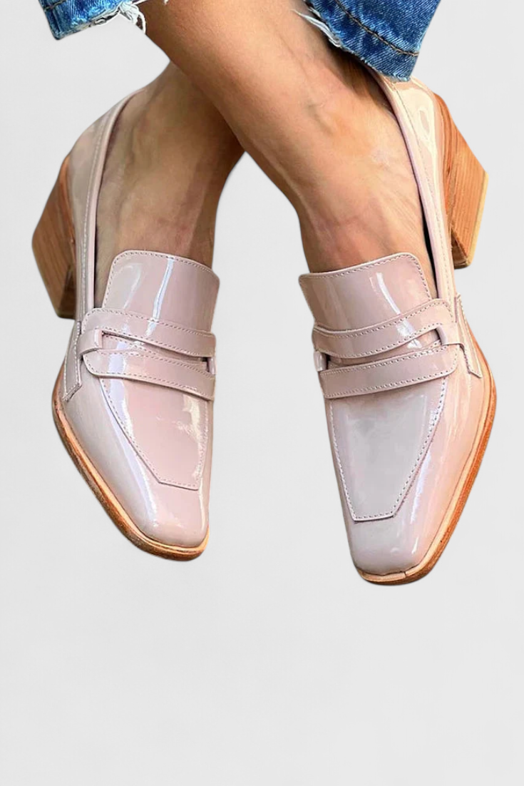 Sasha Pink Patent Leather Loafers with Square Toe and High Heel