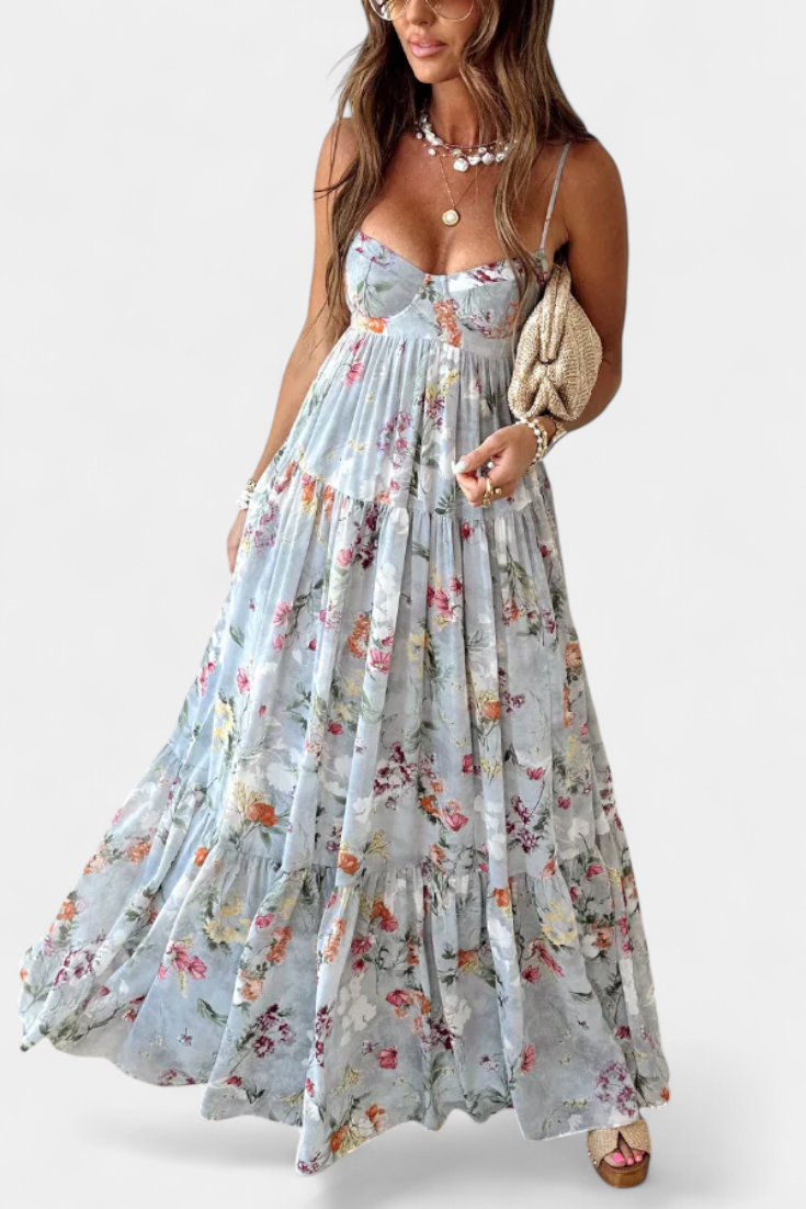 Neha Floral Dress with Open Back and Thin Straps
