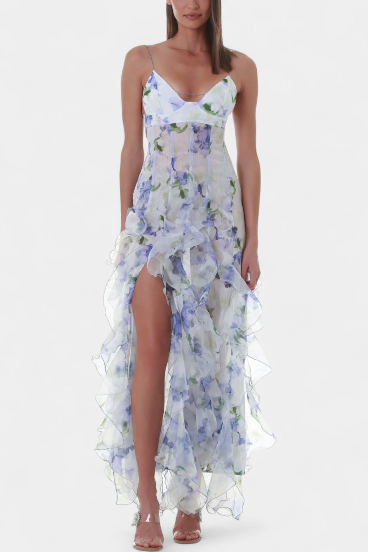 Bonnie Maxi Dress with Floral Ruffles and Side Cutouts