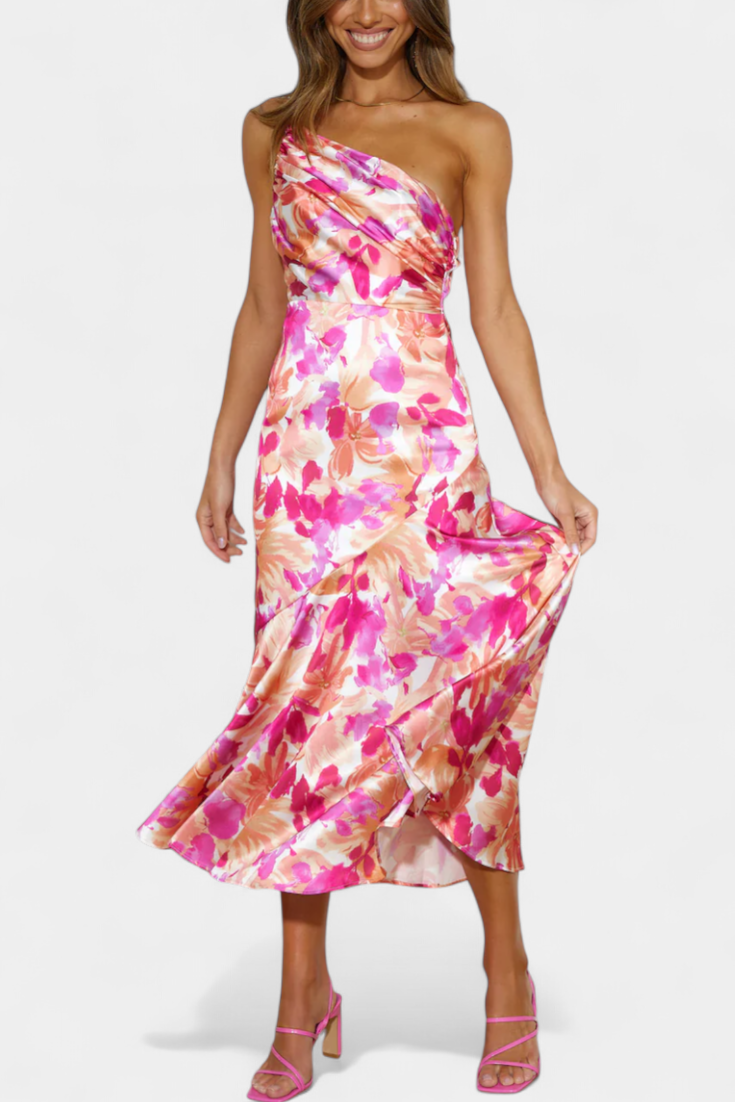 Reya Asymmetrical One-Shoulder Floral Print Dress