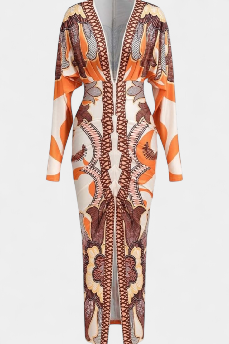 Diva Long Dress with Floral Print, V-Neck and Side Slit