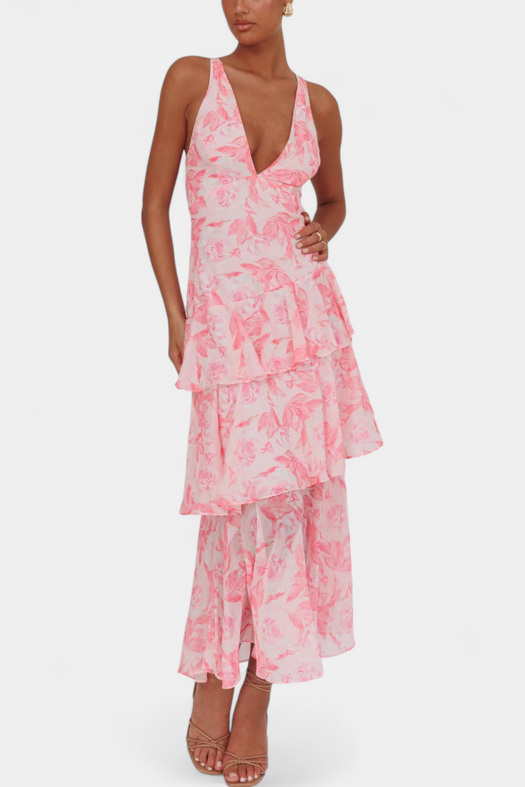 Sunday Dress in Georgette with V-Neck and Flowing Layers