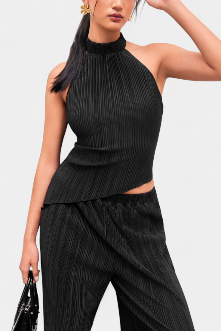 Pilarica Pleated Set with Asymmetrical Halter Top and Flowing Pants
