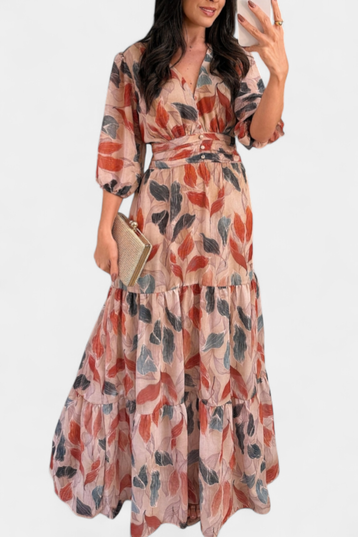 Aísha Long Floral Dress with Flowing Cut and Leaf Motif