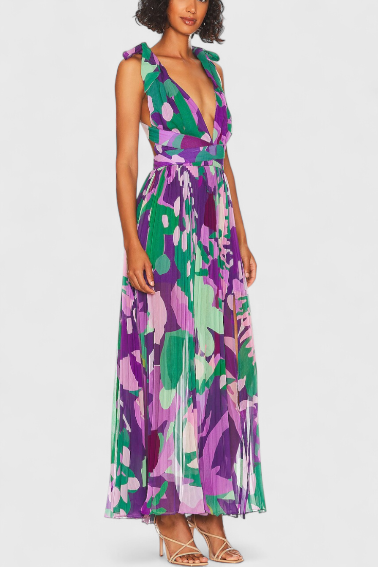 Cecil Long Pleated Dress with Watercolor Print and Open Back